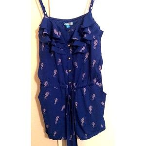 L'amour Womens Romper Playsuit Blue Belted Spaghetti Strap Seahorse Ruffles L